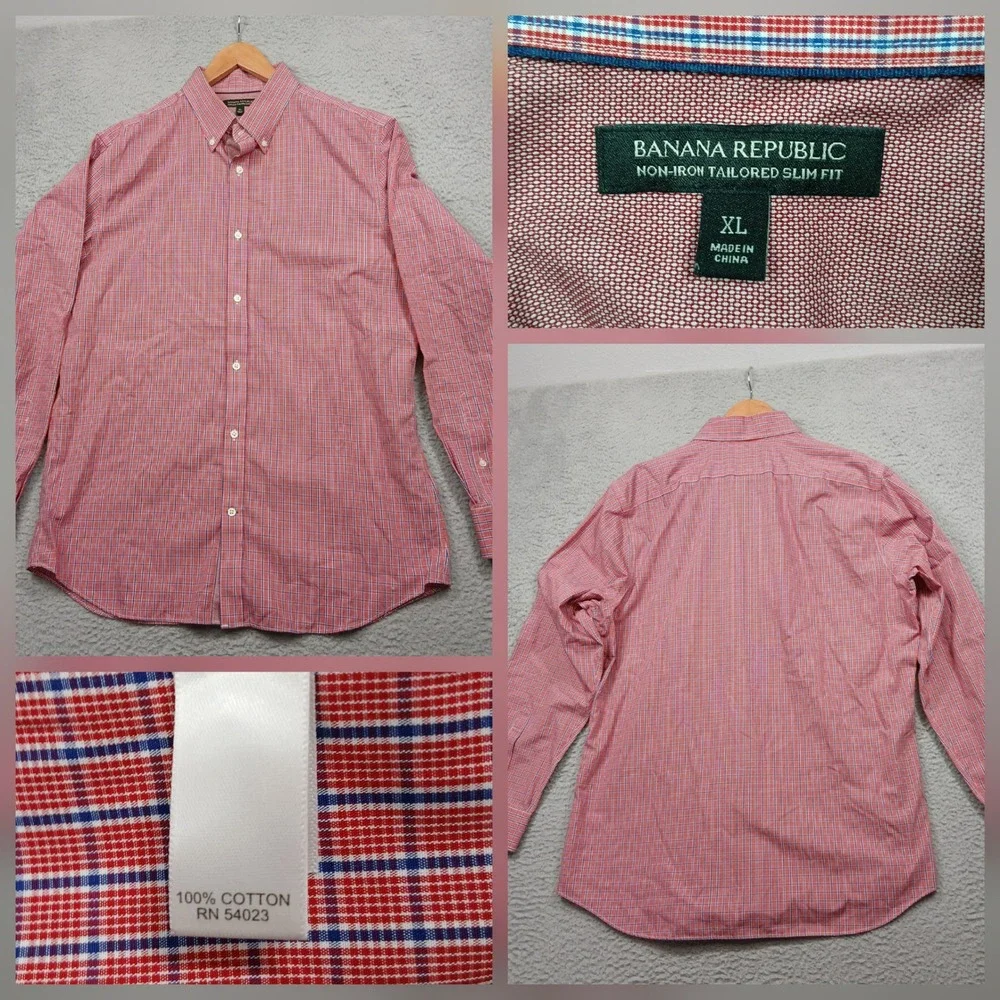 Banana Republic Slim Fit Shirt Men's XL Red Blue‎ Plaid Non-Iron Cotton
